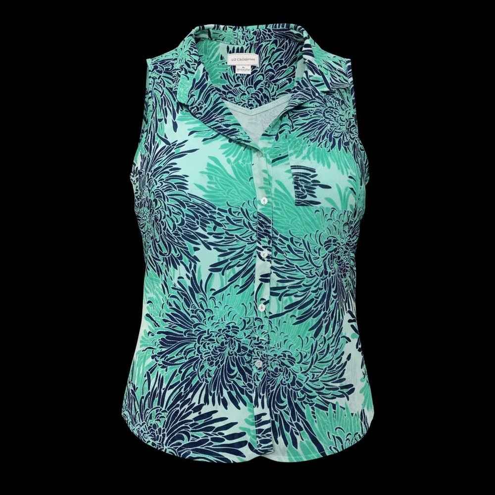 Liz Claiborne Teal Navy Floral Sleeveless Button Down Top Camisole Lining Medium